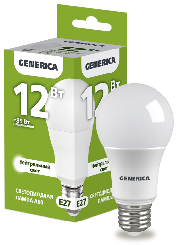 Лампа светодиодная A60 груша 12Вт 230В 4000К E27 GENERICA