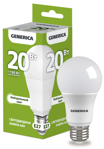 Лампа светодиодная A60 груша 20Вт 230В 4000К E27 GENERICA