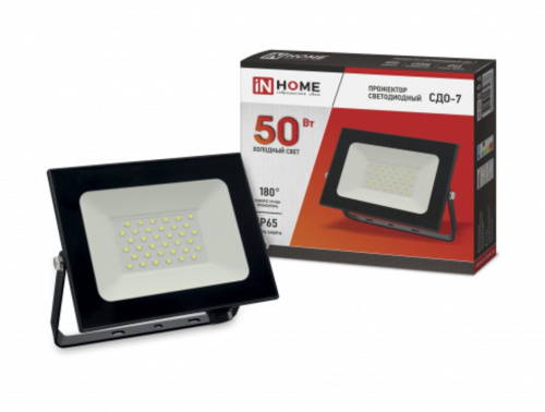 Прожектор сд СДО-7 50Вт 230В 6500К IP65 черный IN HOME