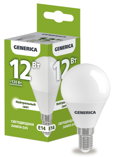 Лампа светодиодная G45 шар 12Вт 230В 4000К E14 GENERICA
