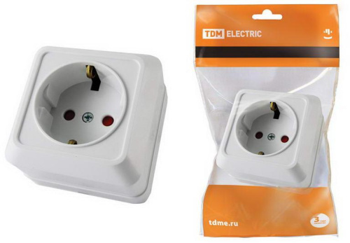 Розетка 2П+З открытой установки с з/ш IP20 16А, белый "Ладога" TDM