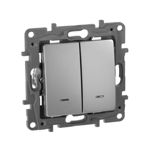 Выключатель 2-клавишный 10АХ, 250В с подсветкой/индикацией, авт. клем Алюминий Legrand Etika 