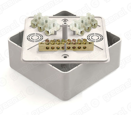 Коробка распаячная 100х100х44 IP40 для наружного монтажа с клеммной колодкой и общей шиной цвет белы