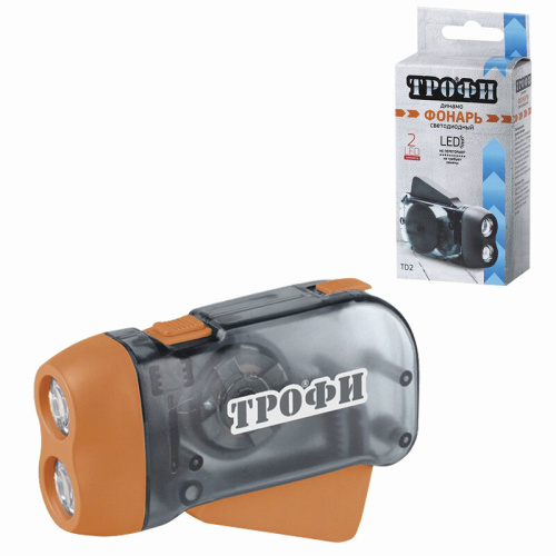 Фонарь Трофи TD2 Динамо, 2хLED, L1131, ремешок, бл (40/120/1440)