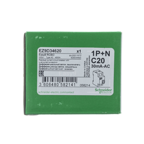 ДИФ. Авт.выкл. EASY 9 1П+Н 20А 30мА C AC 4,5кА 230В =S=