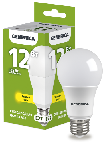 Лампа светодиодная A60 груша 12Вт 230В 3000К E27 GENERICA