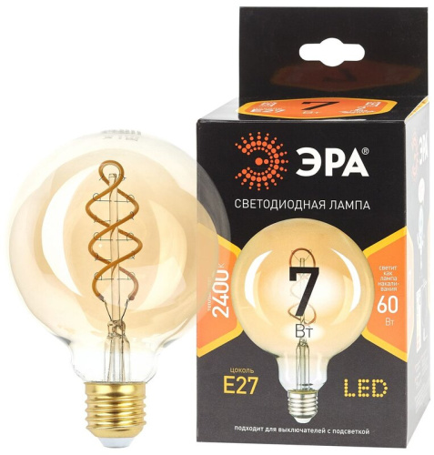 Лампа светодиодная F-LED G95-7W-824-E27 spiral gold  ЭРА (филамент, шар спир зол, 7Вт, тепл, E27)