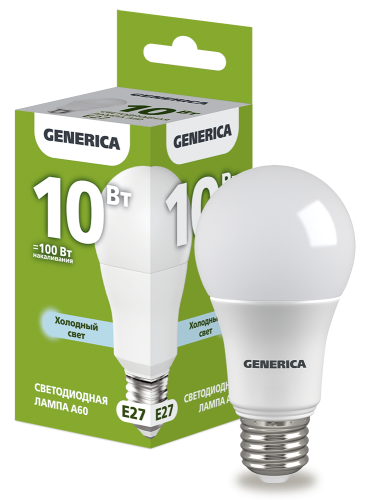 Лампа светодиодная A60 груша 10Вт 230В 6500К E27 GENERICA