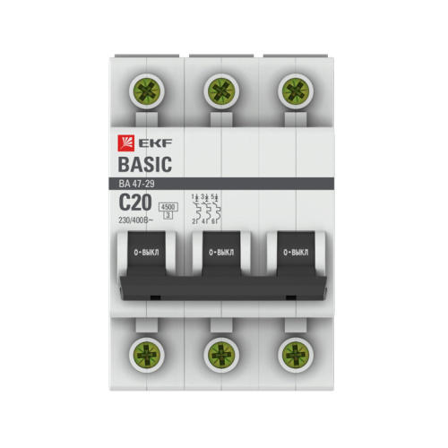 Автоматический выключатель 3P 20А (C) 4,5кА ВА 47-29 EKF Basic