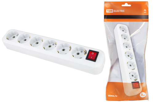 Колодка розеточная 6 гнезд 2П+З с выключателем16А 250В белая TDM 1806-0040