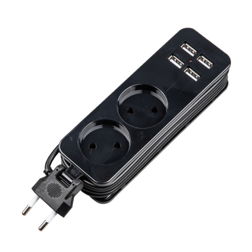 S-CT2-1,5U BLACK Удлинитель серии Travel, шнур 1,5м., 2 гнездa, 10A, б/з, 4USB(2,1A). Черный. ТМ Uni