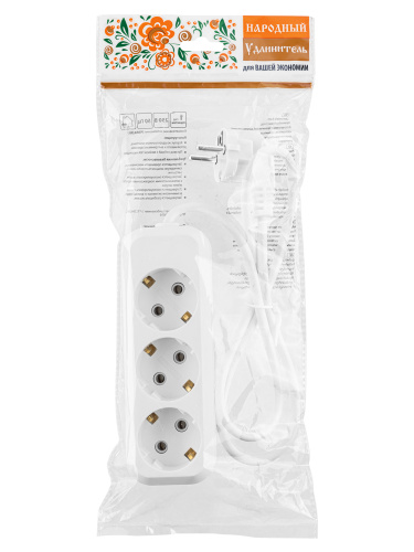 Удлинитель 3 гнезда, 5 метров, с/з, 10 А, 2300 Вт, белый, НАРОДНЫЙ У1-32049