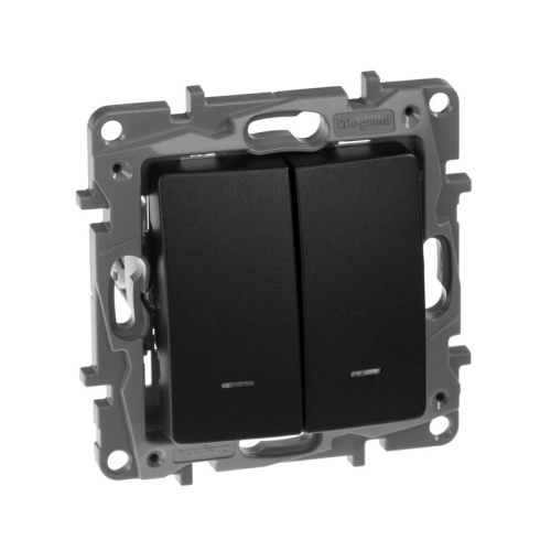 Выключатель 2-клавишный 10АХ, 250В авт. клем. с подсветкой Антрацит Legrand Etika