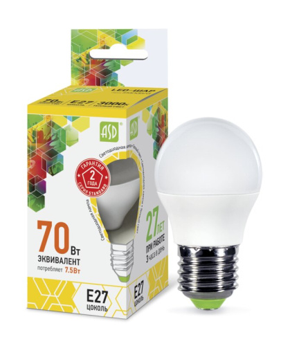 Лампа светодиодная LED-ШАР-standard 7.5Вт 230В Е27 3000К 675Лм  ASD
