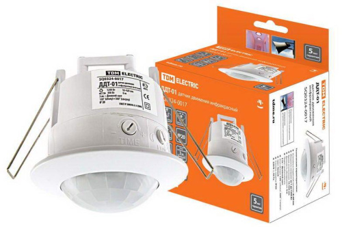 Датчик движения ДДТ-01 1200Bт 10-420с, 6м, 3+Лк, 120 (сбоку)+360(сверху)гр IP20 TDM